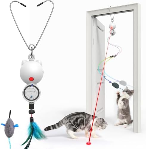 Interactive Cat Toys LED Light Hanging Cat Toys for Indoor Cats, Cats Wand Toy Feather, Feather & Mouse for Bored Adult Kitten Exercise, White