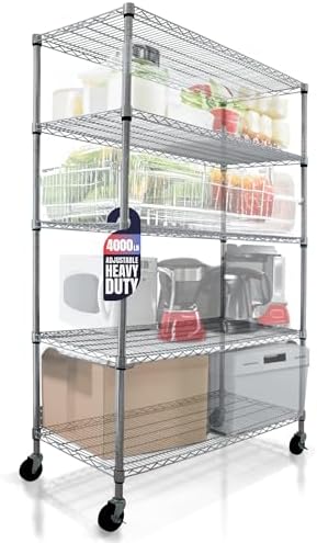 4000 LBS Heavy Duty Wire Rack 48 x 24 x 76, 5-Tier NSF Commercial Rolling Rack with Wheels, Chrome Metal Shelving Unit for Garage, Kitchen, Warehouse, Adjustable Storage Shelf, Crescent