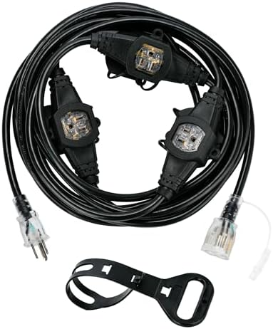 20FT 16 Gauge Multi-Outlet Outdoor Extension Cord, 4 Evenly Spaced Weatherproof Outlets, Great for Stage Backdrops, Landscape Garden Lighting, Christmas Decorations ETL