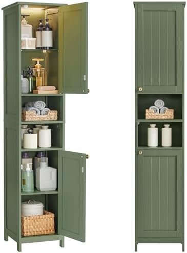 VASAGLE Tall Storage Cabinet with Lights, Slim Freestanding Cabinet with Adjustable Shelves, for Small Spaces, Bathroom, Living Room, Modern, 15.7 Inches Wide, Forest Green UBBC766C01