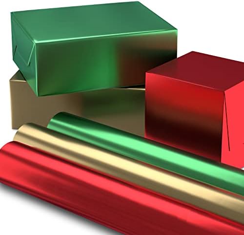 Hallmark Christmas Wrapping Paper Rolls - Solid Red, Green, Gold Metallic Foil Gift Wrap Paper (Set of 3 Rolls: 60 sq. ft. ttl.) for Holiday Parties, Hanukkah, Winter Weddings