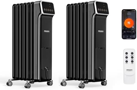 ROVSUN Oil Filled Radiator Heater w/Remote & APP Control, 1500W Portable Space Heater with Adjustable Thermostat, 24H Timer, Tip-Over & Overheat Protection for Indoor Use, Bedroom, Black, 2 Packs