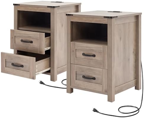 Farmhouse Nightstand Set of 2, Rustic Sierra Bedside Table with Drawers, Night Stand for Bedroom, End Tables with Charging Station, Wood Bedside Cabinet Dresser