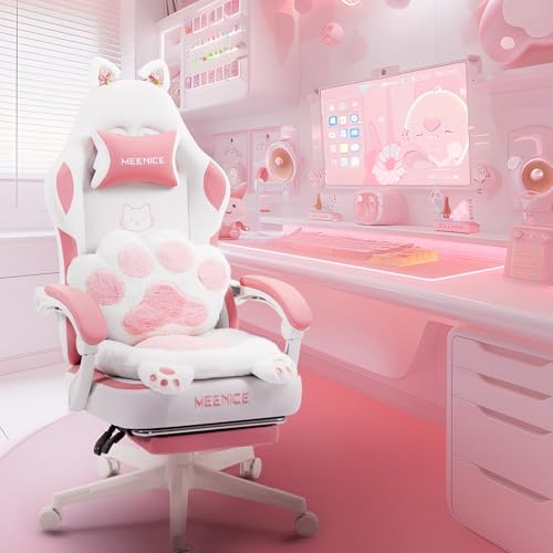 Pink Gaming Chair Cute with Cat Ears Paw Lumbar and Cushion,Ergonomic Computer Chair with Footrest,Reclining PC Game Chair for Girl Computer Chair 300lbs for Adult