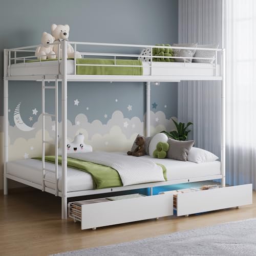 Full Over Full Metal Bunk Bed with LED Lights, USB Charging Station, 2 Drawers, Guard Rails & Ladder – No Box Spring Needed, Easy Assembly, White
