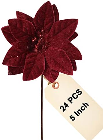 vensovo 5 Inch Red Christmas Poinsettia Flowers for Tree - 24PCS Deep Red Christmas Tree & Wreath Floral Decorations for Holiday DIY, Gift Wrap & Home Decor