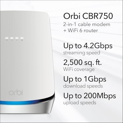 NETGEAR Orbi WiFi 6 Router with DOCSIS 3.1 Built-in Cable Modem (CBR750) – Cable Modem Router | Covers up to 2,500 sq. ft. 40+ Devices | AX4200 (Up to 4.2Gbps)