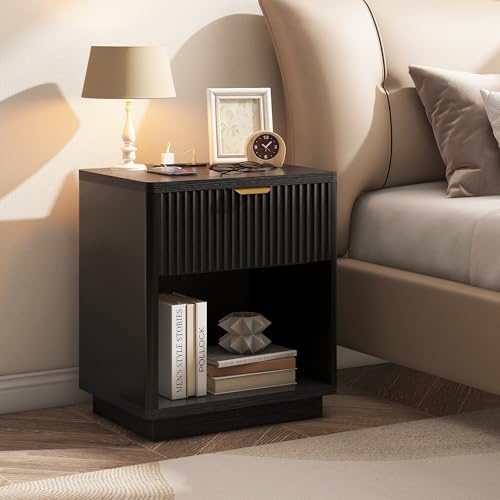 Fluted Nightstand Charging Station,Wood Modern Night Stands Storage Cabinet for Bedroom, Black Bedside Table with Drawers