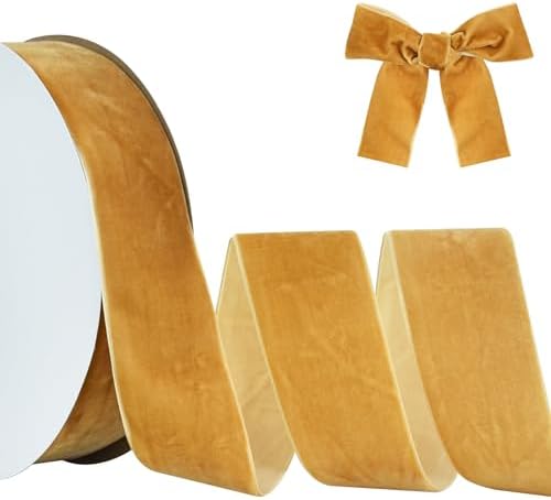 TONIFUL Khaki Gold Velvet Ribbon 2 Inch x 25yds, Vintage Velvet Wide Ribbons, for Christmas Wreath Decoration Handmade Craft Ornaments Gift Wrapping & Bow Making, Valentine's Day Bouquet Packaging