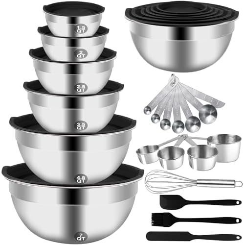 Mixing Bowls Set, 27PCS Stainless Steel Mixing Bowl with Lid Set, Large Nesting Bowls 7, 4.5, 3, 2.5, 2, 1.5QT, Measuring Cups and Spoons Baking Utensils Metal Bowl for Kitchen Prep