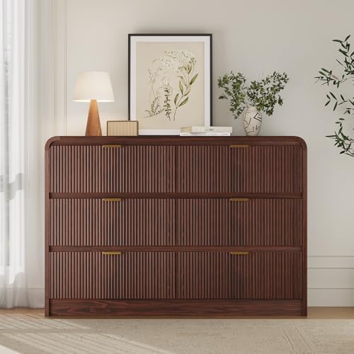 FURSUN Fluted 6 Drawers Dresser for Bedroom, 54" Wide Wooden Dresser with Metal Handle, Curved Profile Design, Modern Storage Organizer for Bedroom, Hallway (Walnut)