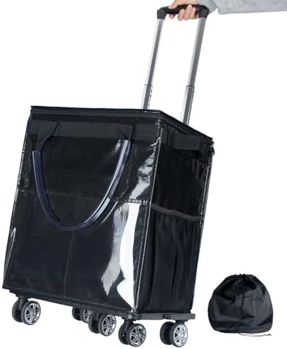 Reusable Grocery Bags on Wheels, Rolling Tote Bag, Portable Shopping Cart for Groceries with Wheels and Drawstring Bag, Trolley, 54L, Foldable, Black