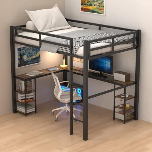 Full Size Loft Bed with Desk & Open Shelves, Heavy Duty Metal Bed Frame with Safety Guardrails & Ladder, Loft Beds with Vintage Wood Finish L-Shaped Desk, Black