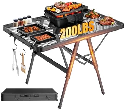 Foldable Grill Table with Mesh Desktop, 200lbs 3Ft Portable Folding Table, Height Adjustable Metal Table for Ourdoor, Camping, Picnic, BBQ and Beach, RV, 35.4" L x 23.6" W