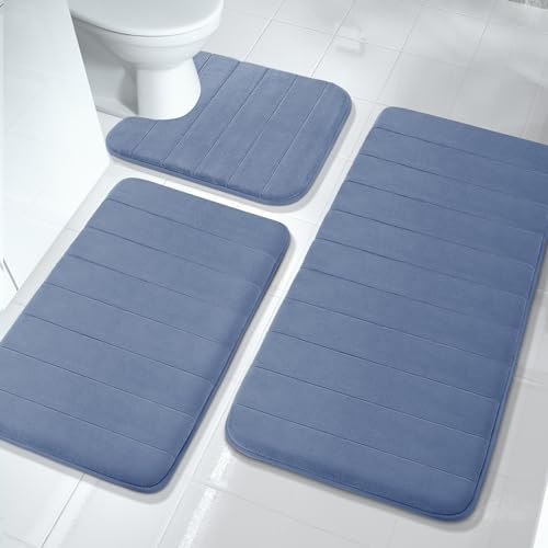 Yimobra 3 Pieces Memory Foam Bath Mat Set with U-Shaped Toilet Rug - Non Slip Super Soft Absorbent Quick Dry Bathroom Rugs for Bathtub, Vanity & Toilet Base, Denim Blue