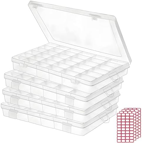 4pack 36 Grids Plastic Clear Organizer Box Bead Storage Containers with Adjustable Dividers for Craft Jewelry Fishing Tackles Parts Storage with 4 Sheets Label Stickers