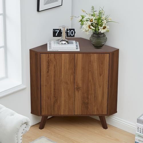 Fluted Floor Corner Cabinet, Small Corner Floor Cabinet with Adjustable Shelve, Freestanding Narrow Cabinets Organizer for Living Room Kitchen Bathroom, Walnut