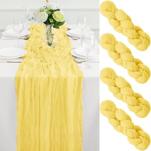 4Pack Light Yellow Cheesecloth Table Runner 10FT Gauze Cheese Cloth Table Runner 35x120Inch Long Boho Spring Easter Table Runners Rustic Sheer Table Runners for Wedding Baby Bridal Shower Decor