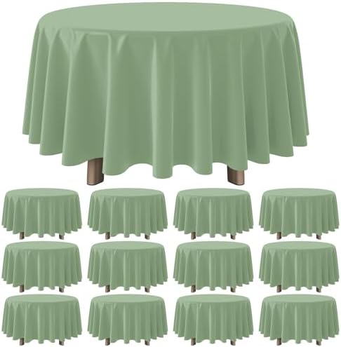 12 Pack Sage Green Plastic Tablecloths Round Light Green Tablecloth Waterproof Disposable Round Sage Table Cover for Birthday Bridal Wedding Baby Shower Party Decorations,84Inch