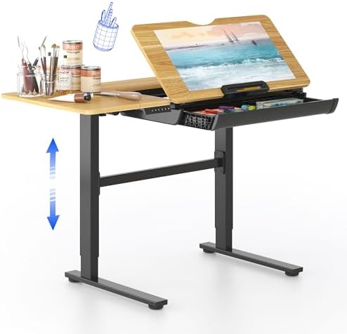 FLEXISPOT Electric Drafting Table Adjustable Height 47.2"x23.6" Standing Drawing Desk Extendable Top Craft Workstation w/Tilting Tabletop, Storage Drawer for Study, Office, Studio, Art, Adult & Kid