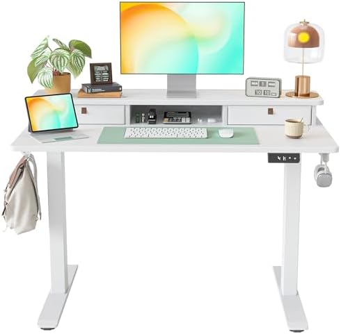 TIQLAB 48 * 24 Inch Standing Desk with Two Drawers, Stand Up Standing Desk Adjustable Height, Electric Sit Stand Table with Storage Shelf and Splice Board, White
