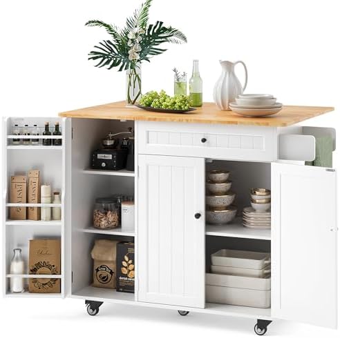 Ahomly Kitchen Island with Storage, Island Table for Kitchen with Drop Leaf, 5 Wheels, Interal Storage Rack, a Drawer, Spicy Rack and Towel Bar, Sufficient Countertop Space and Storage, White