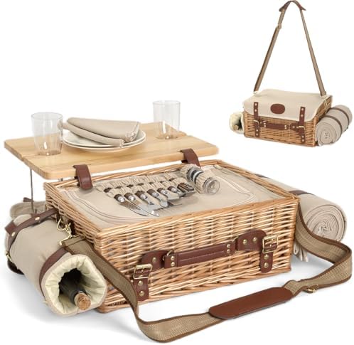 Multifunctional Wicker Picnic Basket Set for 2 with Blanket and Picnic Table, Insulated Picnic Set with Full Tablewares for Camping Outdoor Couples,Natural