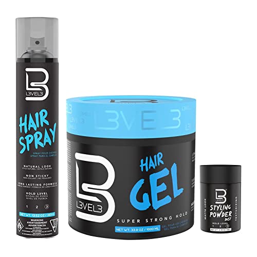 L3 - Level 3 Hair Gel & Hair Spray Kit - Super Strong Hold - Flake Free - Long Lasting Shine - Great for Men and Women - Strong Hold Hair Spray (Sample Powder Included)