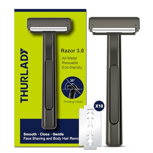Stainless Steel Razors for Men, Reusable Metal Mens Razors for Shaving, Dual-Blade Safety Razor, with 10 Double Edge Blades, Pivoting Head, Smooth Close Clean Shave, Black
