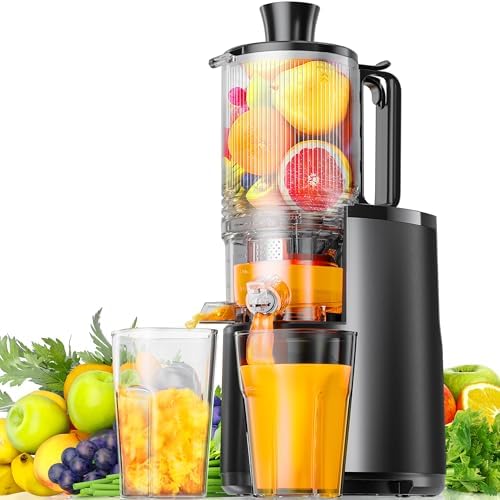 Cold Press Juicer, EUHOMY 5.5" Extra Large Feed Chute Slow Masticating Juicer, 250W Juicer Machines, 99.6% High Juice Yield, Easy to clean, Reverse Function, for Whole Vegetables & Fruits. Black
