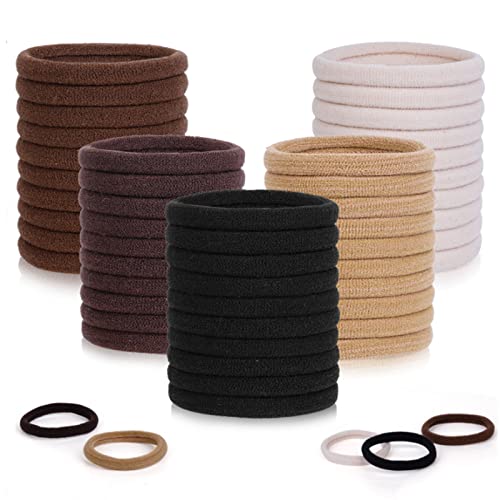 Pimoys 50 Pcs Elastic Hair Ties, Thick Seamless Hair Bands No Damage Soft Ponytail Holders Hair Accessories for Girls Women, Neutral