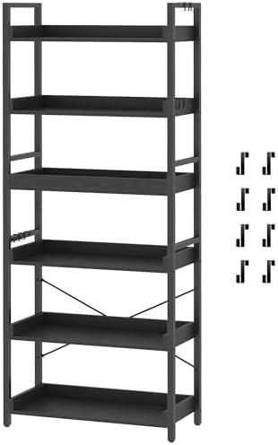 HCHQHS 6 Tier Bookshelf, Adjustable Industrial Bookcase, Vertical Tall Book Shelf, Wood and Black Metal Open Bookshelves for Home Office, Living Room, Bedroom, 70 Inch