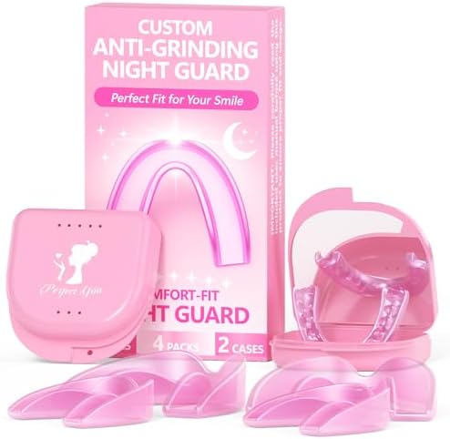 4 Pack Pink Night Guards for Teeth Grinding and Clenching, Women Teeth Grinding Mouth Guard for Sleep with 2 Mirror Cases, Moldable Mouthguard for Women, Adults, Bruxism Relief