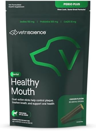 VetriScience Healthy Mouth Dental Chews, Perio Plus Sticks for Dogs, with Probiotics, Spirulina & Zeolites, Breath Freshening, Plaque & Tartar Control, Chicken, 30 Count