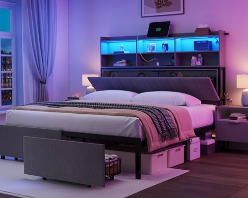 YITAHOME Queen Bed Frame with 2-Tier Storage Shelves and Bookcase Headboard,LED Light Queen Size Bed with Charging Station, No Box Spring Needed/Noise Free, Dark Gray