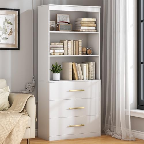 Winkalon 71" Tall White Bookshelf with Drawers, Bookcase and Bookshelf with 3-Tier Open Shelves, Tall Bookcase Tall Storage Cabinet for Home Office Living Room, 15.8" D x 31.5" W x 71" H