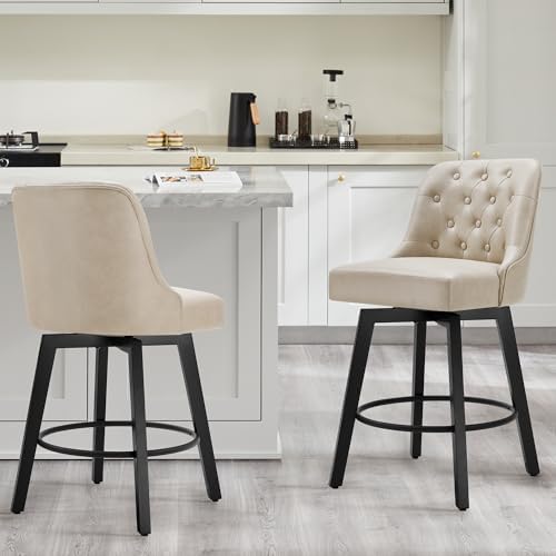 Counter Height Swivel Barstools with Back,26" H Seat Height Upholstered Bar Stools for Kitchen Island,Set of 2,Beige Leather