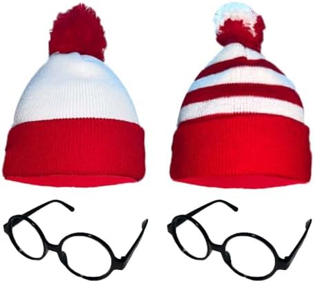4 Pieces Red White Striped Beanies Halloween Costume Hat with Pom Poms Women Men Striped Beanies Hat with Glasses for Adult Christmas Halloween Party