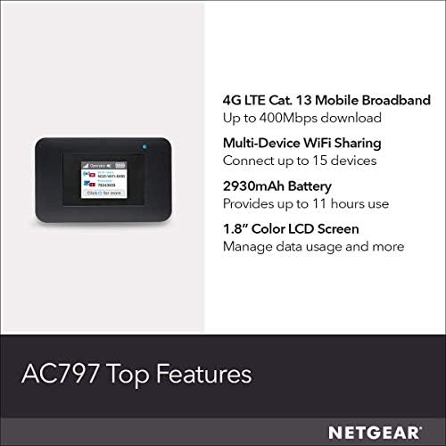 NETGEAR Mobile WiFi Hotspot | 4G LTE Router AC797-100NAS | 400Mbps Download Speed | Connect up to 15 Devices | Create a WLAN Anywhere | GSM Unlocked (Renewed)
