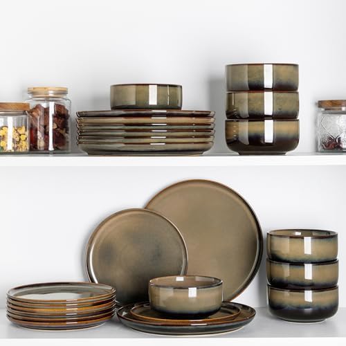TheTerra Ceramic Dinnerware Sets for 8, 24 Pieces Handmade Reactive Glaze Plates and Bowls Set, Scratch Resistant Dish Set, Oven & Microwave & Dishwasher Safe, Coca Mocha