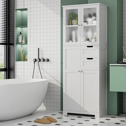 67'' Tall Bathroom Storage Cabinet, Linen Cabinet with Glass Doors and Adjustable Shelves, Kitchen Pantry with 2 Drawers for Bathroom, Living Room, Dining Room, White