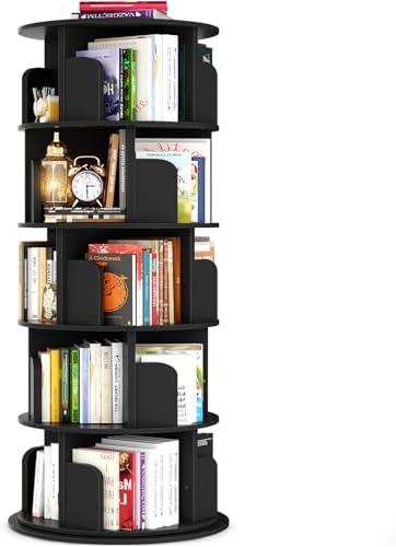 Rotating Bookshelf Tower, 5 Tier Spinning Bookcase, Revolving 360 Book Shelf Narrow Tall Bookcase, Vertical Turning Round Bookshelf Organizer, Wood Corner Book Shelf for Small Space, Black
