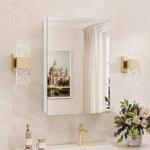 TokeShimi 16x24 Bathroom Medicine Cabinet with Mirror Tempered, Aluminum White Mirrored Medicine Cabinet Recessed or Surface Mount with Adjustable Storage Metal for Modern Farmhouse