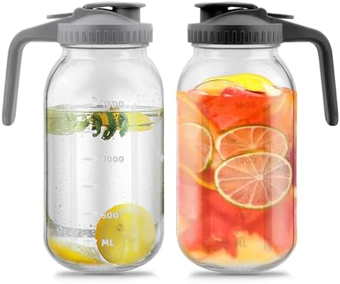 64 Oz Glass Pitcher with Lid 2 Pack, 2 Quart Heavy Duty Cold Brew Pitcher, Leak-Proof, Wide Mouth Mason Jar with Pouring Airtight Lid,Ideal for Fridge Storage(pack of 2)