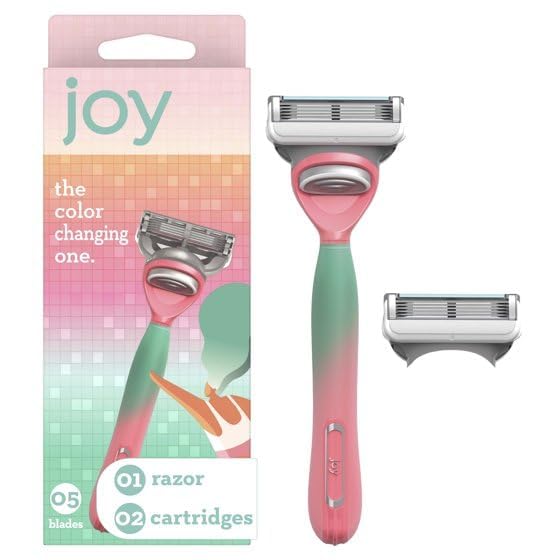 Joy Female Razor Handle with 2 Blade Refills, Color-Changing Handle, 5-Blade System, Non-Slip Grip, Up to 22 Uses per Cartridge (pack of 1)