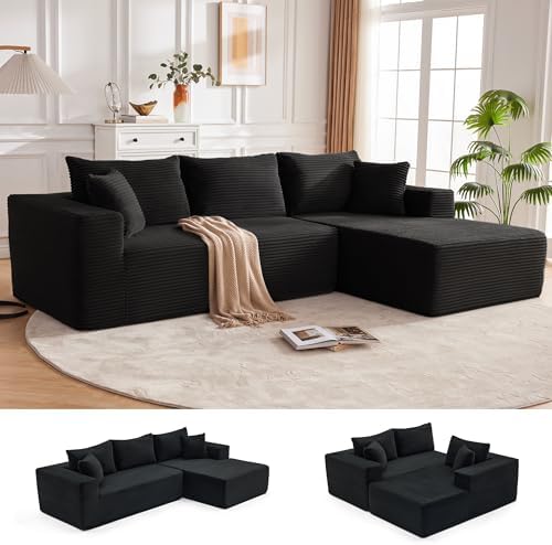 110” Cloud Sectional Couch, Boneless Sofa for Living Room, Modular Sectional Sofa with Deep Seat, Comfy Fluffy Couch with L-Shaped Chaise, No Assembly Required (Right-Facing Chaise, Black)