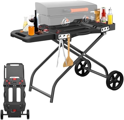 QuliMetal Portable Grill Cart for 17" & 22" Blackstone Griddles and Weber Q1000, Q1200, Q2000, Q2200 Series Grills - Durable, Foldable Cart Table with Wheels Hooks，BBQ Prep Table with Seasoning Tray