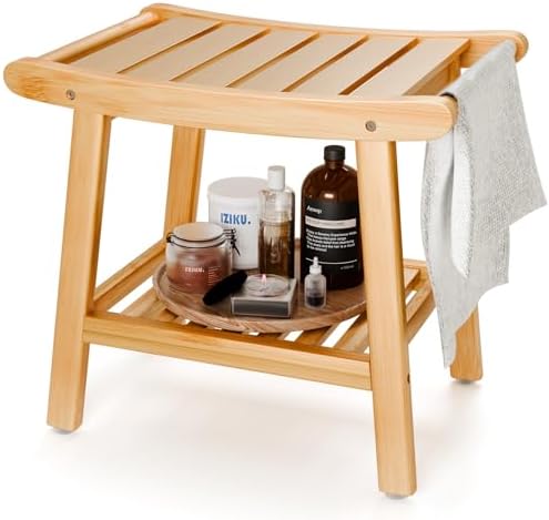 Bamboo Shower Bench for Inside Shower to Sit on,Waterproof Shower Stool for Shaving Legs,Spa Bathroom Shower Chair with Storage Shelf, Bathroom Bench Seat for Senior Adult Disabled Elderly