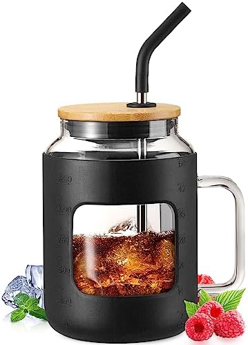 50 oz Glass Water Bottles with Silicone Sleeve,Glass Tumbler with Lid and Straw,Iced Coffee Cup with Handle,BPA Free-Black