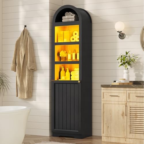 72" Tall Arched Narrow Bathroom Storage Cabinet with Lights, Slim Storage Cabinet with Adjustable Shelves for Small Spaces, Farmhouse Style (Black)
